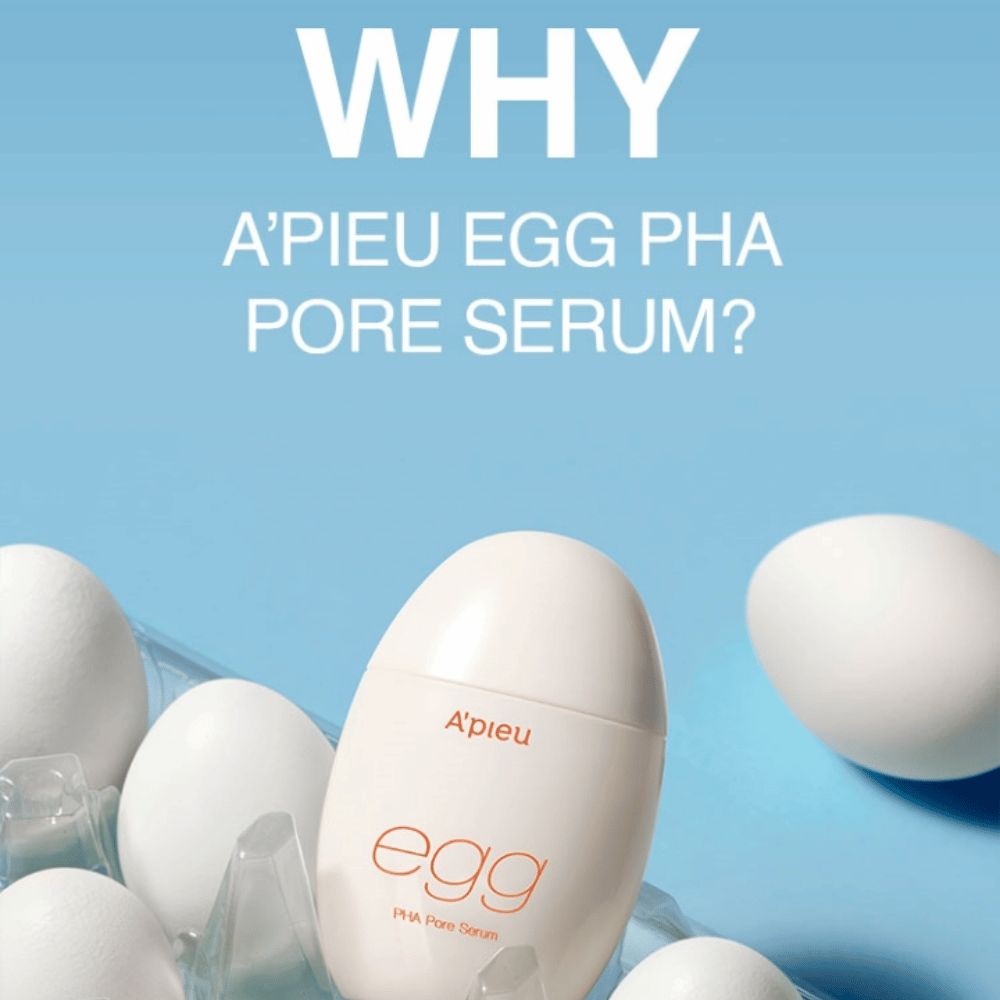 A’pieu Egg PHA Pore Serum en un envase en forma de huevo entre huevos blancos en una caja de huevos – un suero coreano para poros refinados y exfoliación suave.