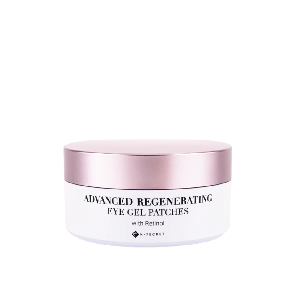 Tarro con K-Secret Advanced Regenerating Eye Gel Patches con retinol y tapa rosa.