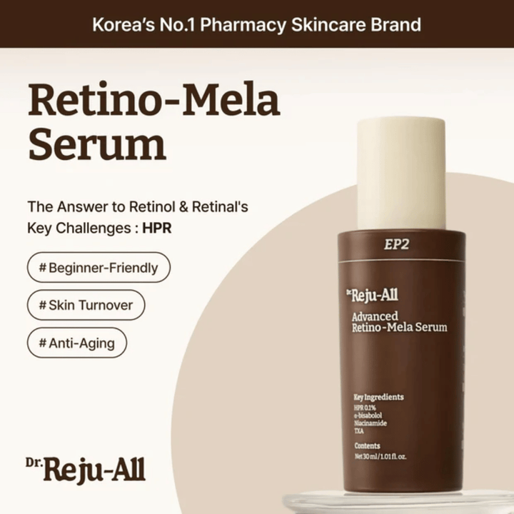Dr. Reju-All Advanced Retino-Mela Serum EP2 – alternativa de retinol basada en HPR que es más suave que el retinol y el retinal, desarrollada para un tono de piel más uniforme, renovación de la piel y anti-envejecimiento.
