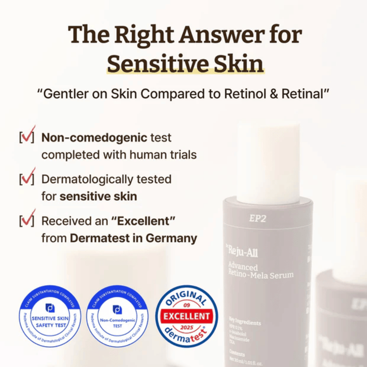 Dr. Reju-All Advanced Retino-Mela Serum para piel sensible – no comedogénico, probado dermatológicamente y calificado como “Excelente” por Dermatest en Alemania.