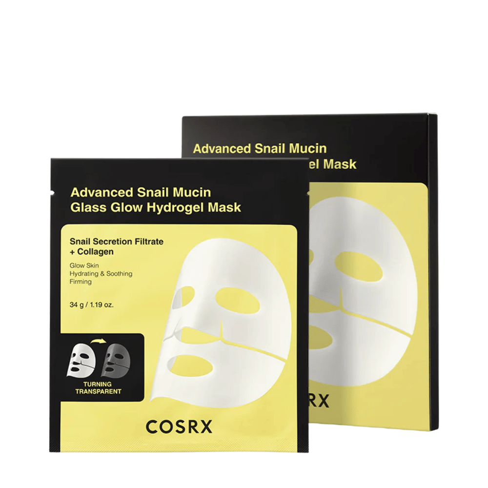 Empaque de COSRX Advanced Snail Mucin Glass Glow Hydrogel Mask – mascarilla hidratante con secreción de caracol y colágeno.