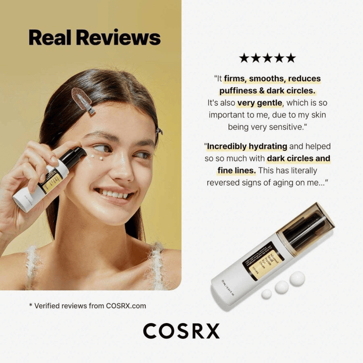 COSRX Advanced Snail Peptide Eye Cream se aplica debajo de los ojos – contorno de ojos con 73,7% snail mucin y péptidos contra ojeras, hinchazón y líneas finas