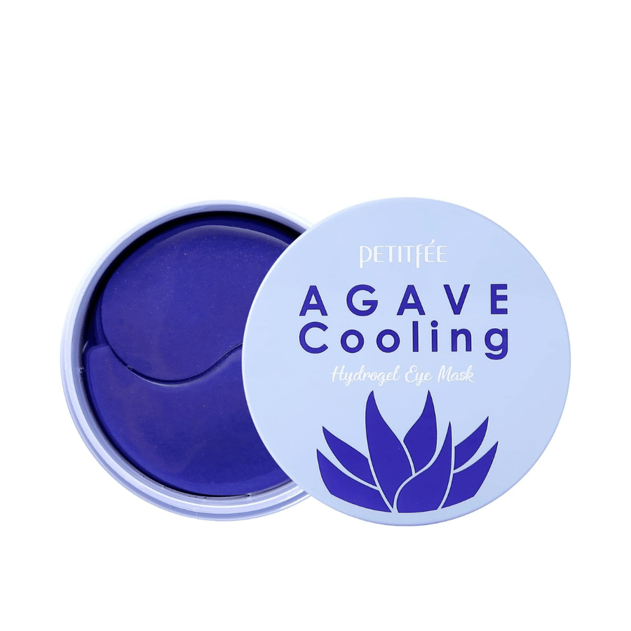 Imagen de producto recortada de PETITFEE Agave Cooling Hydrogel Eye Mask con el tarro abierto que muestra los parches de hidrogel morados y el elegante envase azul claro.