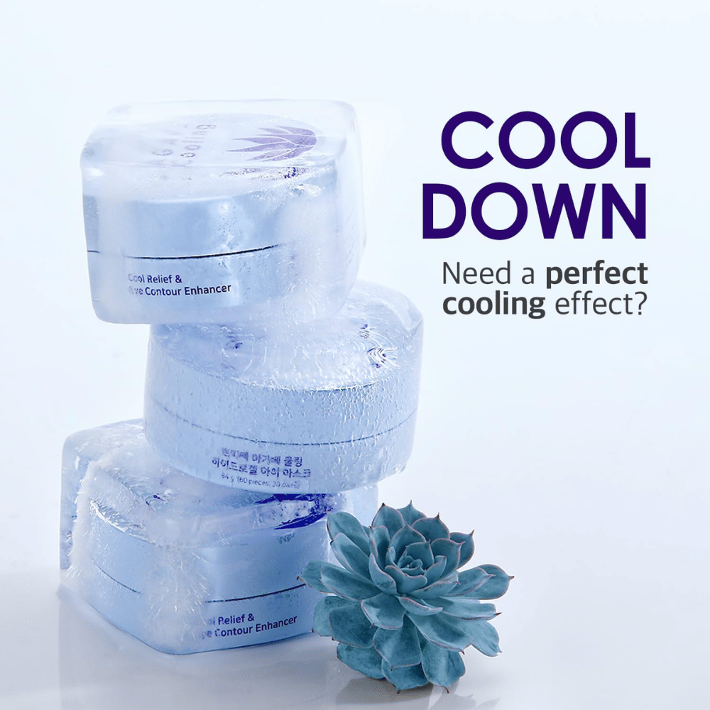 Imagen promocional de PETITFEE Agave Cooling Hydrogel Eye Mask con un tema helado y refrescante. La imagen destaca el efecto refrescante del producto y la sensación fresca para los ojos cansados.