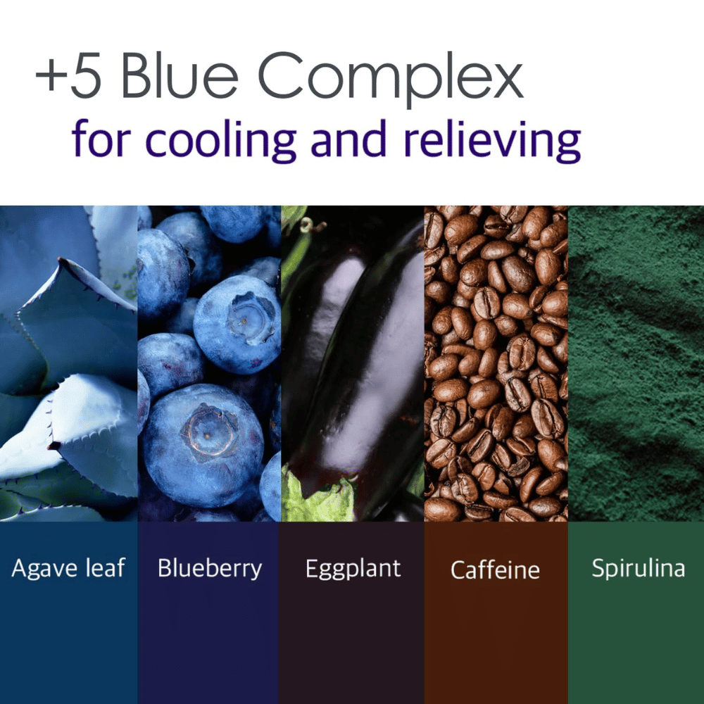 Imagen informativa sobre el “5 Blue Complex” con ingredientes como hoja de agave, arándano, berenjena, cafeína y espirulina. El enfoque está en las propiedades refrescantes y calmantes para la piel.