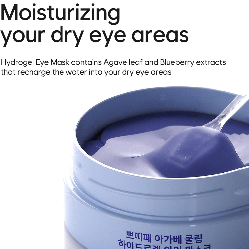 Imagen de producto de Agave Cooling Hydrogel Eye Mask centrada en la hidratación de las zonas secas alrededor de los ojos. La imagen muestra la fórmula de hidrogel y la espátula incluida.
