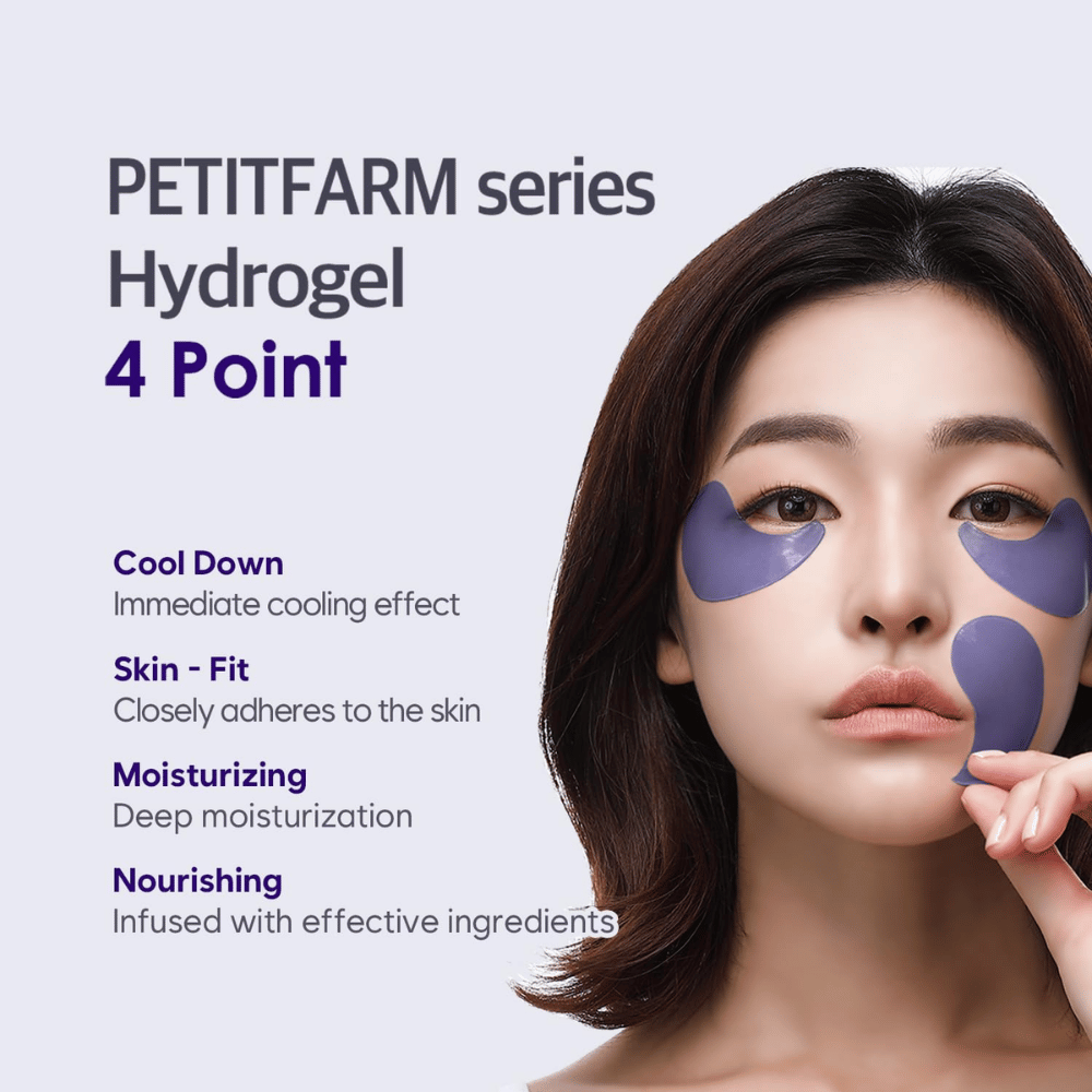 Imagen promocional con una modelo usando PETITFARM Hydrogel Eye Mask. La imagen destaca cuatro beneficios principales: efecto refrescante, ajuste adaptado a la piel, hidratación profunda e ingredientes nutritivos.