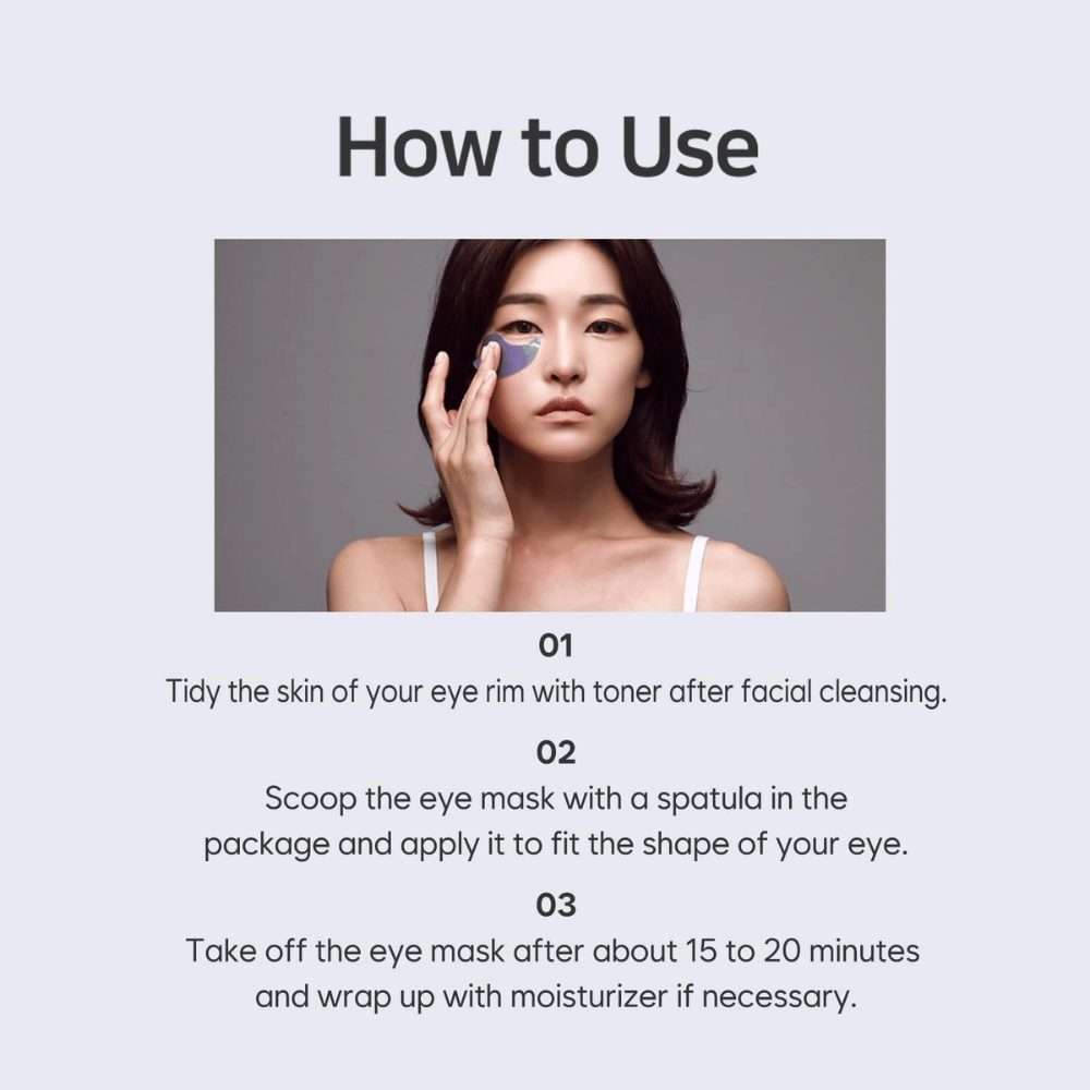 Imagen instructiva que muestra cómo aplicar PETITFARM Hydrogel Eye Mask después de la limpieza y el tónico. La guía describe paso a paso cómo se usan los parches para ojos para hidratar y brindar un cuidado refrescante alrededor de los ojos.