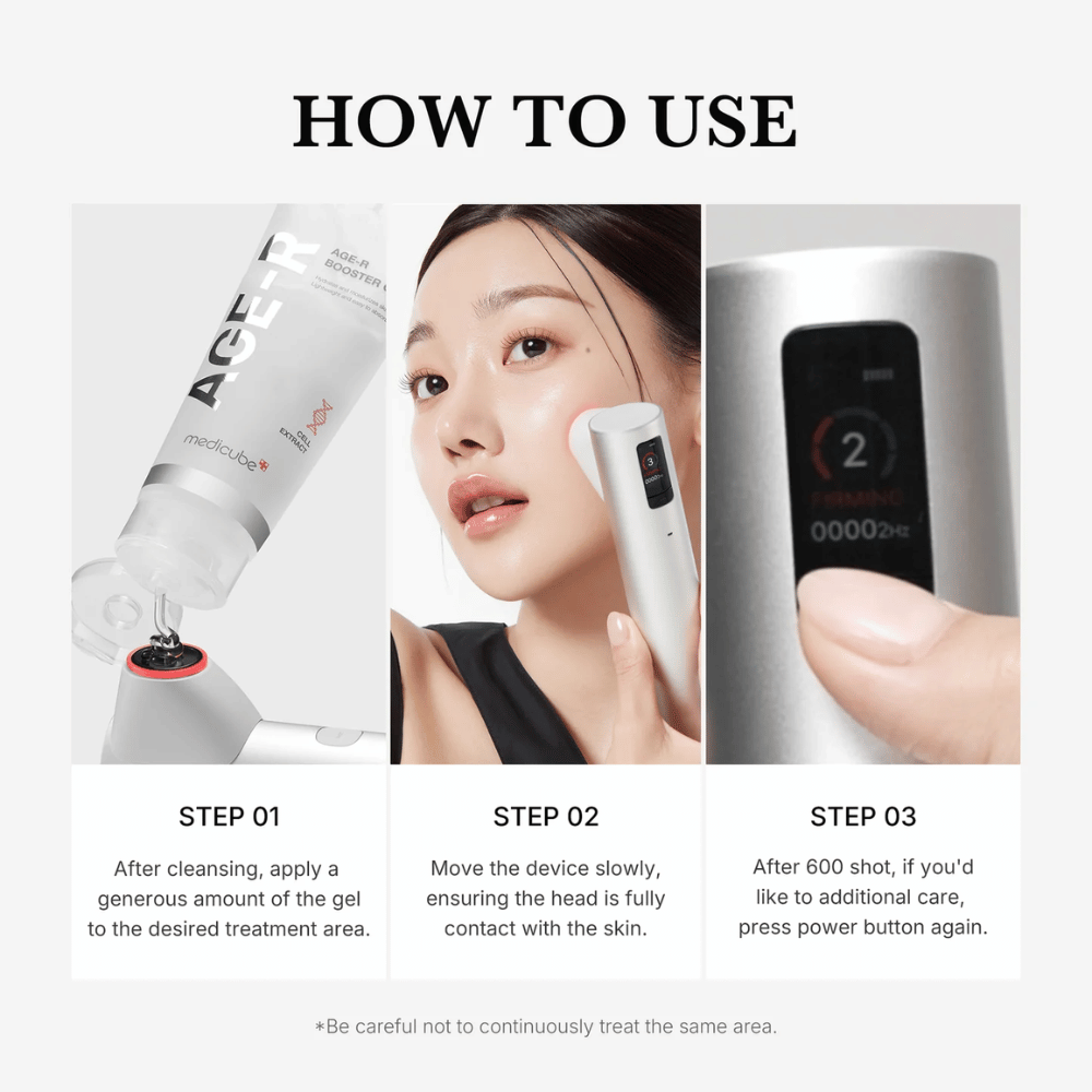 Imagen de instrucciones en tres pasos que muestra cómo usar Medicube Age-R High Focus Shot con el gel correspondiente en la cara.