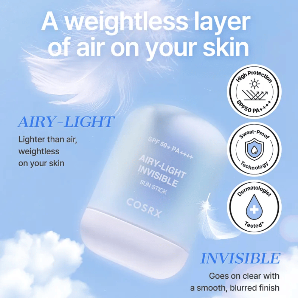 COSRX Airy-Light Invisible Sun Stick – protector solar ultraligero con SPF 50+ y PA++++, proporciona un acabado invisible y sin peso.