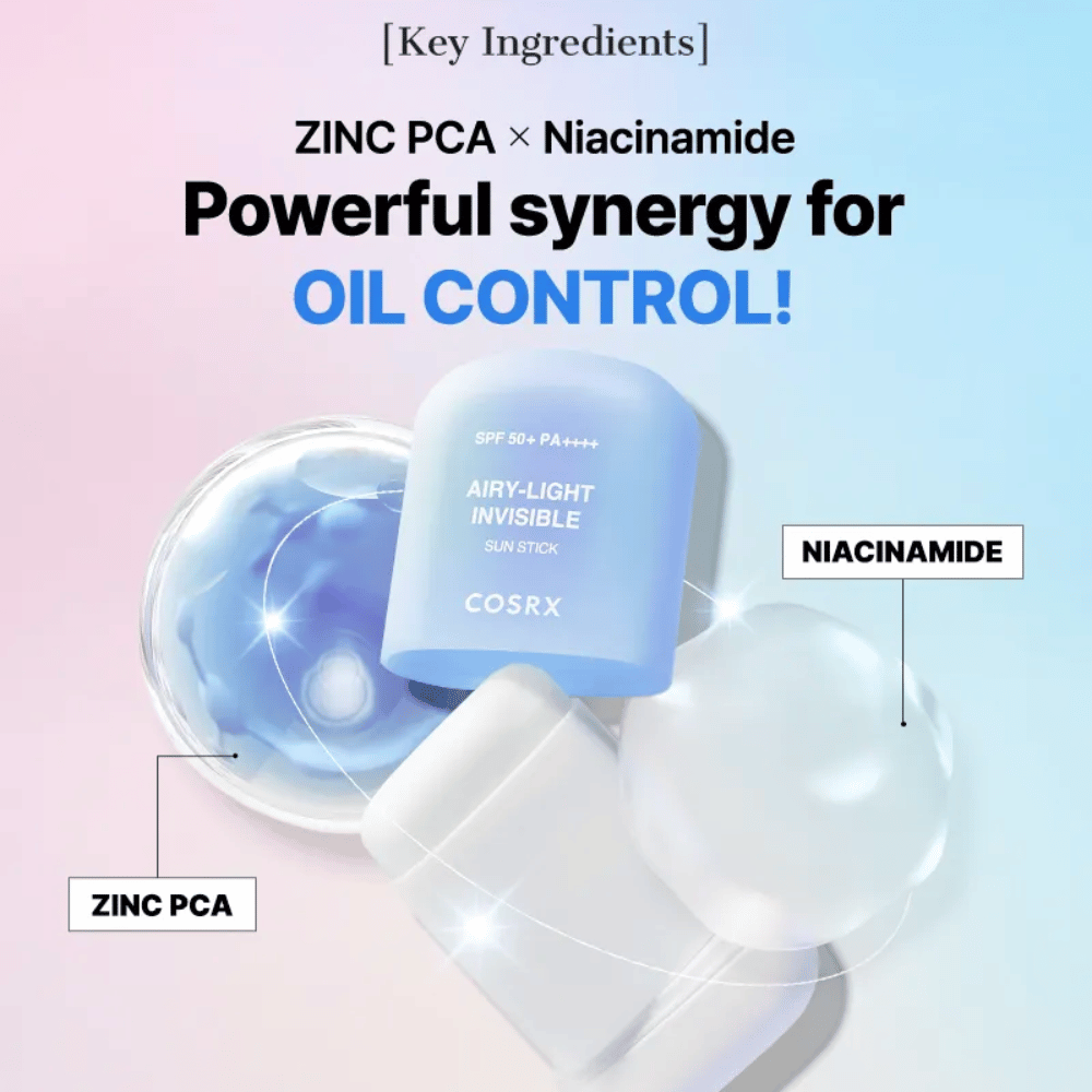 Ingredientes clave en COSRX Airy-Light Invisible Sun Stick – Zinc PCA y Niacinamida para un control efectivo del sebo y una piel clara.