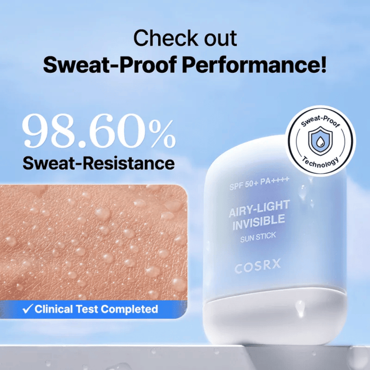 COSRX Airy-Light Invisible Sun Stick med 98,6 % svettresistens – bevisad sweat-proof teknologi för långvarigt skydd.