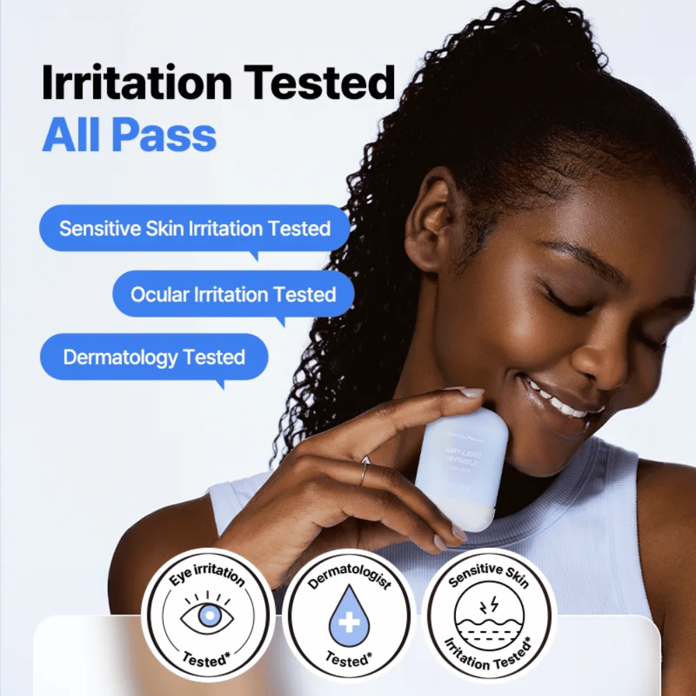 Probado clínicamente COSRX Airy-Light Invisible Sun Stick – probado para piel sensible, irritación ocular y aprobado dermatológicamente.