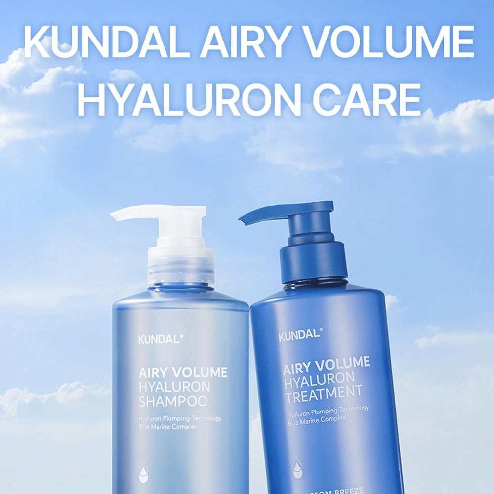 KUNDAL Airy Volume Hyaluron Shampoo y Treatment en botellas de bomba azul, cuidado del cabello con ácido hialurónico y Blue Marine Complex.