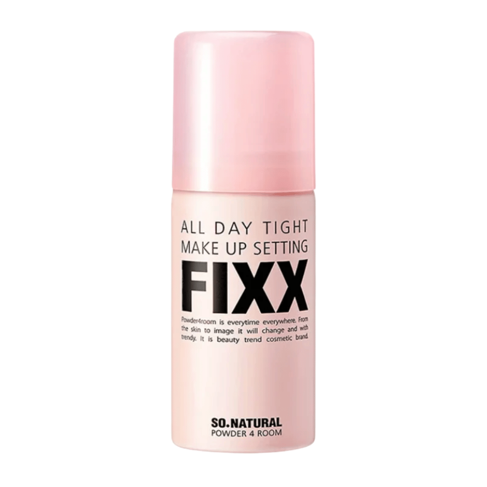 5. So Natural All Day Tight Make Up Setting Fixx – spray fijador de maquillaje rosa sobre fondo blanco