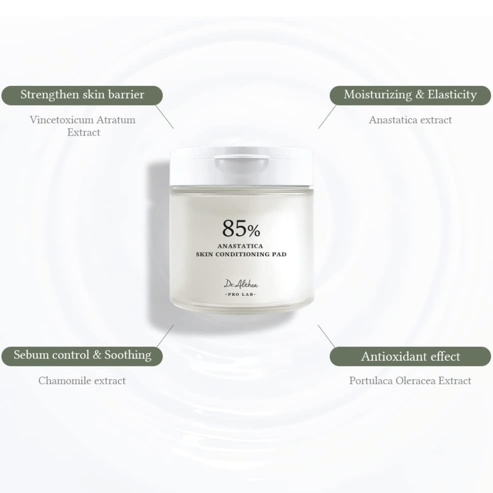 Dr. Althea 85% Anastatica Skin Conditioning Pad con extracto de Anastatica, manzanilla, verdolaga y extracto de Vincetoxicum que refuerzan la barrera cutánea y calman la piel.