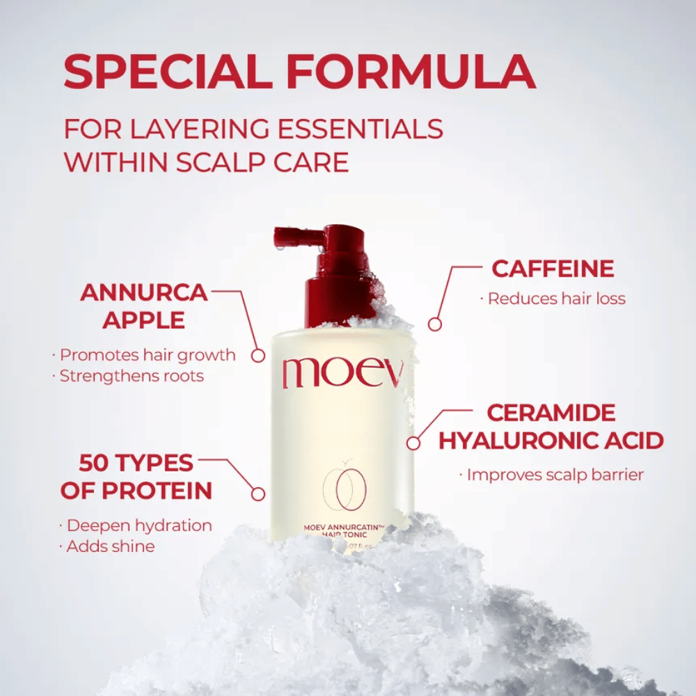 MOEV Annurcatin Hair Tonic – fórmula avanzada con manzana Annurca, cafeína y ácido hialurónico que fortalece el cabello y el cuero cabelludo.