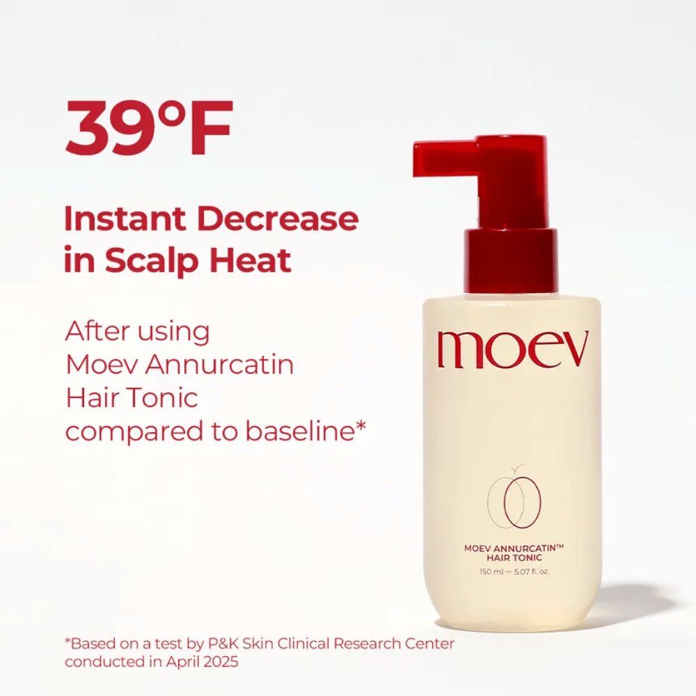 MOEV Annurcatin Hair Tonic – cuidado capilar clínicamente probado que enfría el cuero cabelludo y reduce el calor hasta 39°F para un cabello más saludable.