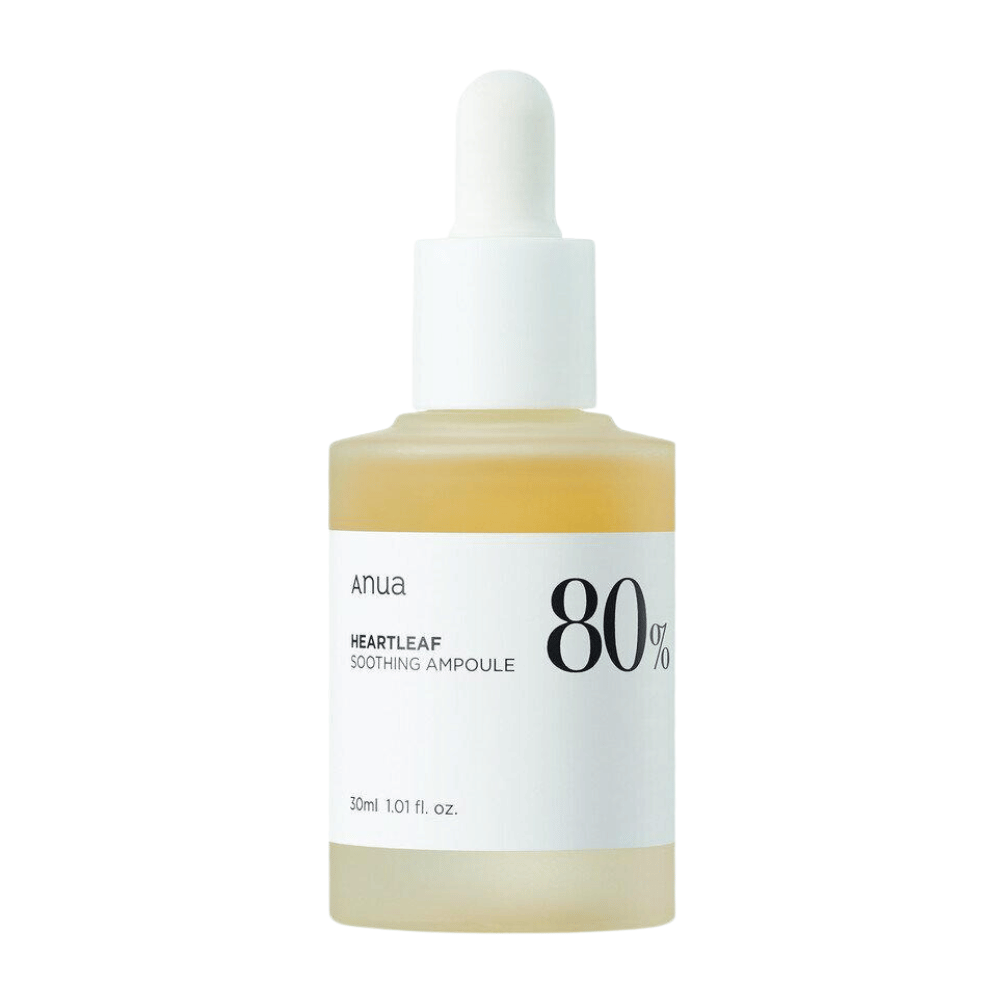Una Anua ampolla calmante Heartleaf 80% con fondo blanco.