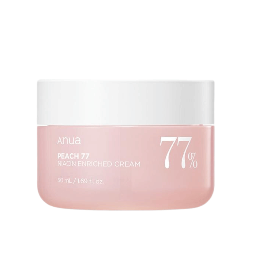 En burk med "Anua Peach 77 Niacin Enriched Cream", vit och persikofärgad.