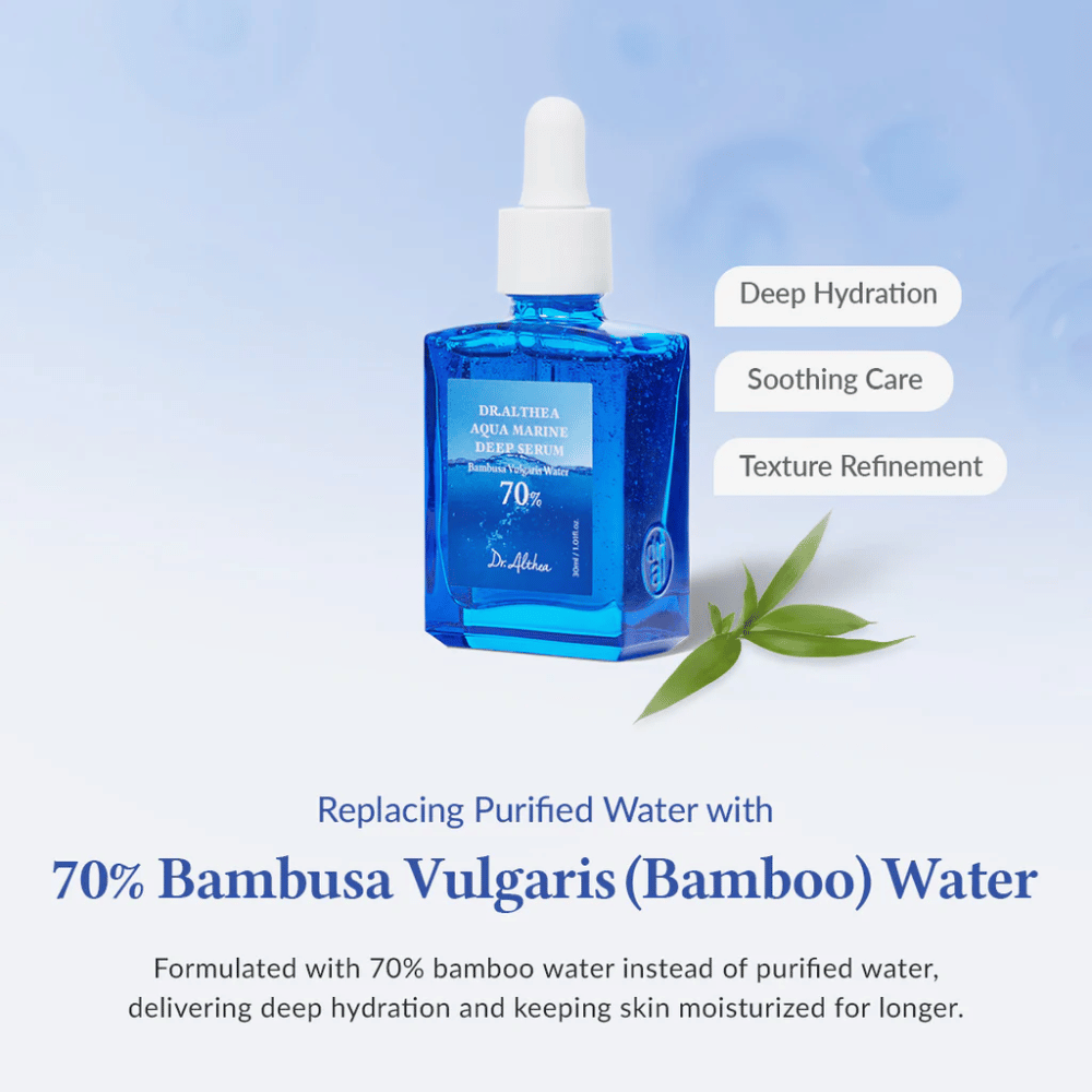 Dr. Althea Aqua Marine Deep Serum en botella de vidrio azul con pipeta, formulado con 70 % de agua de Bambusa Vulgaris (bambú) para hidratación profunda, cuidado calmante y mejora de la textura de la piel.