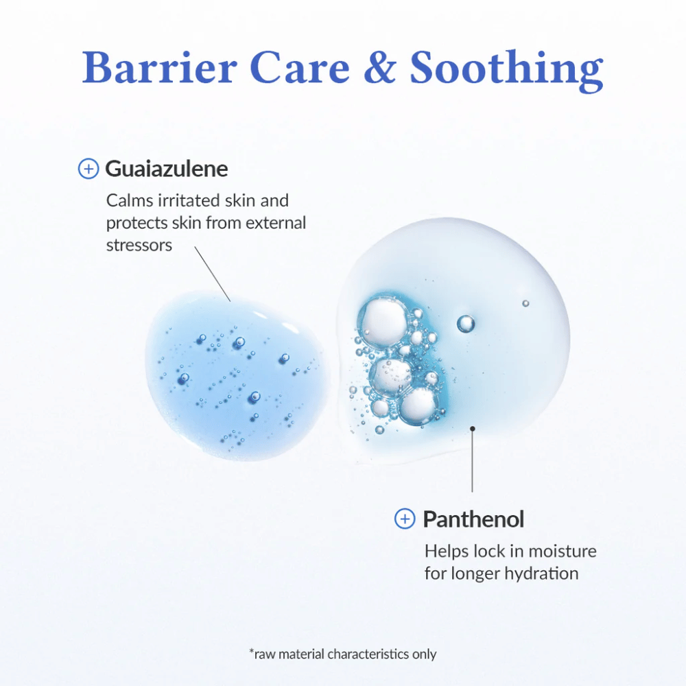 Barrier Care & Soothing en Dr. Althea Aqua Marine Deep Serum con guaiazuleno que calma la piel irritada y protege contra el estrés externo, así como pantenol que retiene la humedad y fortalece la barrera cutánea para una hidratación duradera.