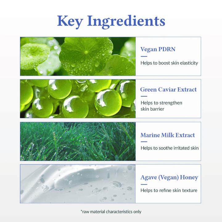 Ingredientes clave en Dr. Althea Aqua Marine Deep Serum – Vegano PDRN para elasticidad, Extracto de Caviar Verde que fortalece la barrera de la piel, Extracto de Leche Marina que calma la piel y Agave (miel vegana) para una textura de piel más uniforme.