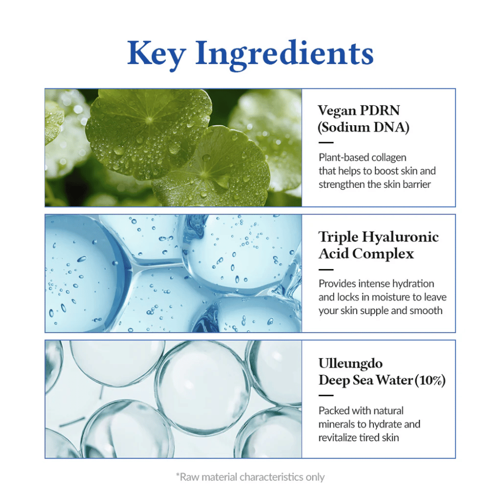 Ingredientes clave en Dr. Althea Aqua Marine Jelly Mist con PDRN vegano, ácido hialurónico y agua de mar profunda