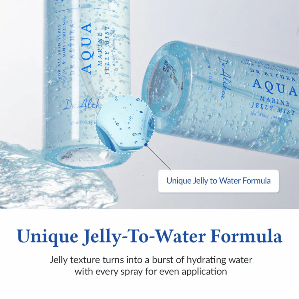 Dr. Althea Aqua Marine Jelly Mist con una fórmula única de gelatina a agua que se activa al rociar y proporciona hidratación intensa