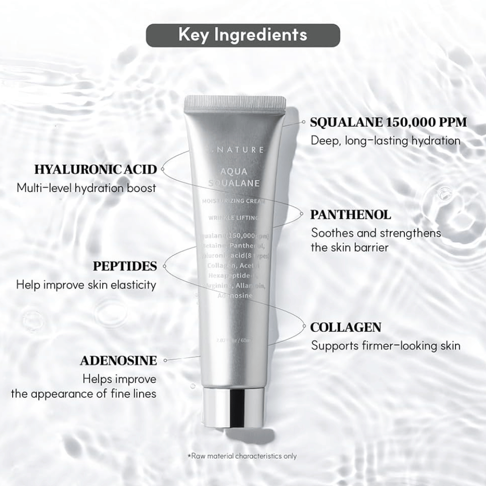 S.NATURE Aqua Squalane Moisturizing Cream con squalane, ácido hialurónico, pantenol, péptidos y colágeno para una piel hidratada y flexible.