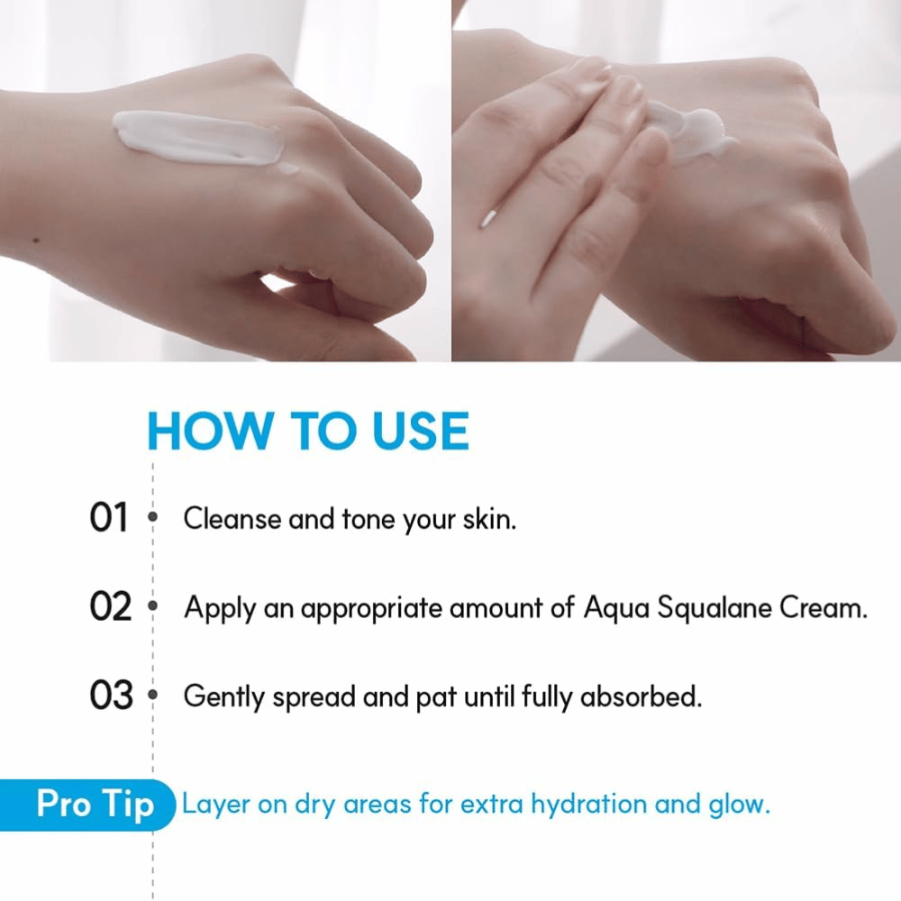 S.NATURE Aqua Squalane Moisturizing Cream se aplica sobre la piel para una hidratación intensa y una barrera cutánea suave y flexible.