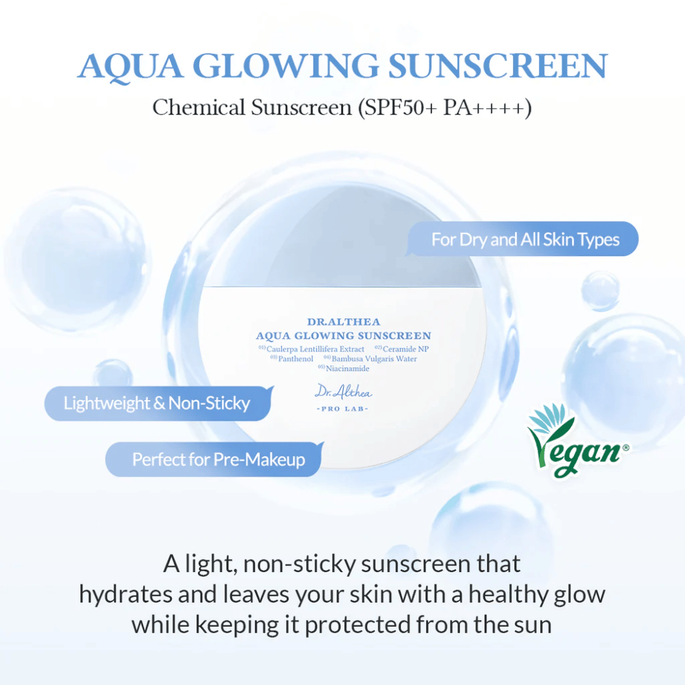 Imagen de Dr. Althea Aqua Glowing Sunscreen con texto que destaca su SPF50+, fórmula vegana, sensación ligera y no pegajosa, así como propiedades hidratantes para todo tipo de piel.