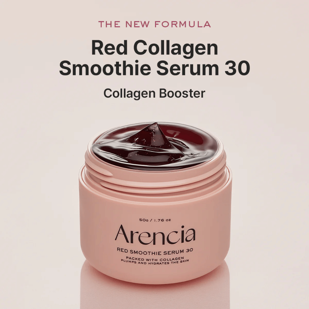 Arencia Red Smoothie Serum 30 en tarro rosa, nueva fórmula que funciona como potenciador de colágeno.