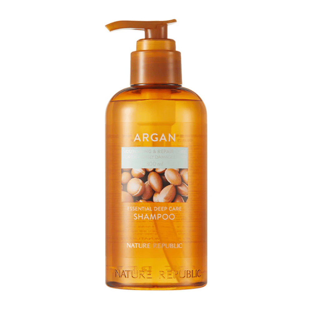 Imagen del producto en Nature Republic Argan Essential Moisture Repairing Shampoo – champú nutritivo para cabello más fuerte y brillante.