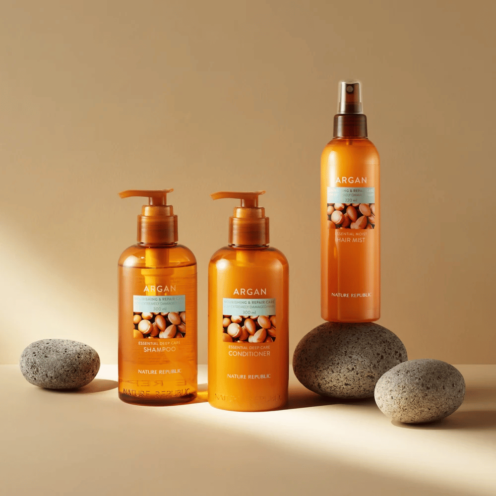Nature Republic Serie de argán con champú, acondicionador y bruma capilar para cabello dañado – enriquecido con aceite de argán para brillo y nutrición.