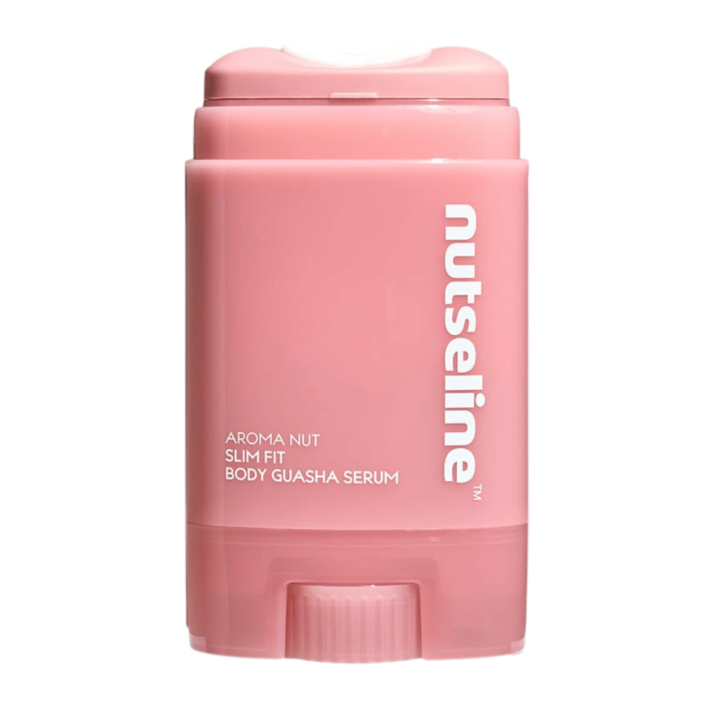 Imagen de producto recortada y limpia de Nuseline Aroma Nut Slim Fit Body Guasha Serum sobre un fondo claro, con enfoque en el diseño del envase.