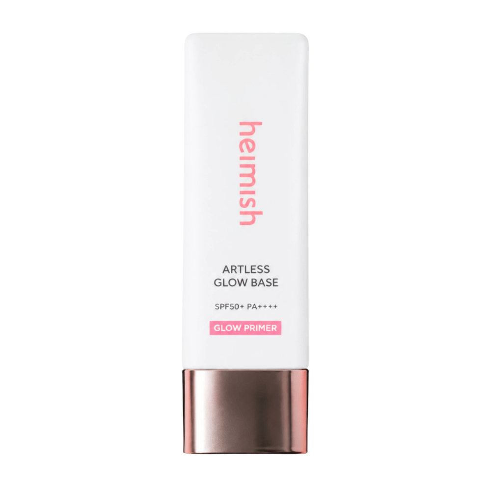 Heimish Artless Glow Base SPF50+ PA++++ – glow coreano primer y protector solar en envase blanco con tapa en color oro rosa.
