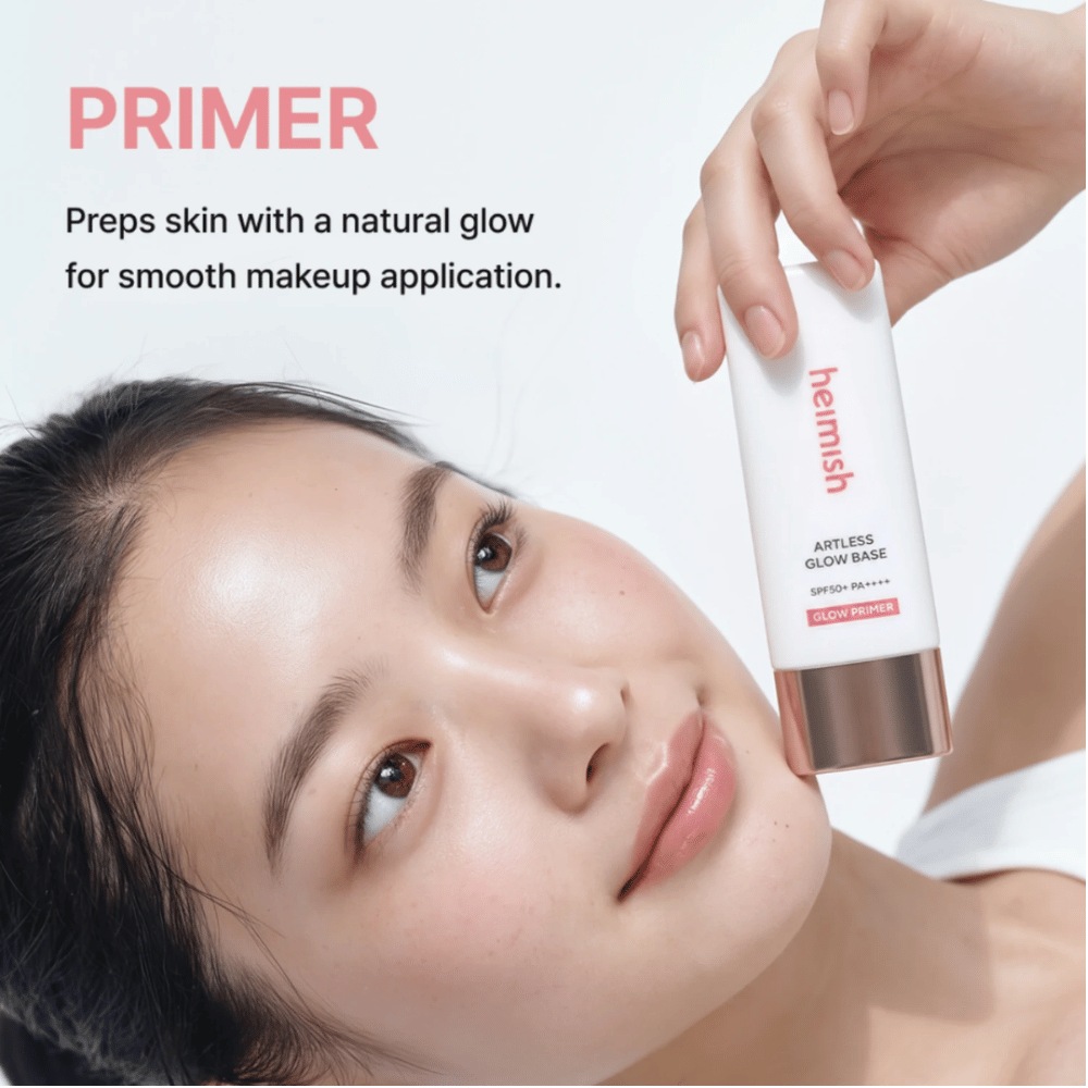 Heimish Artless Glow Base SPF50+ PA++++ se usa como primer antes del maquillaje para una base uniforme con luminosidad natural.
