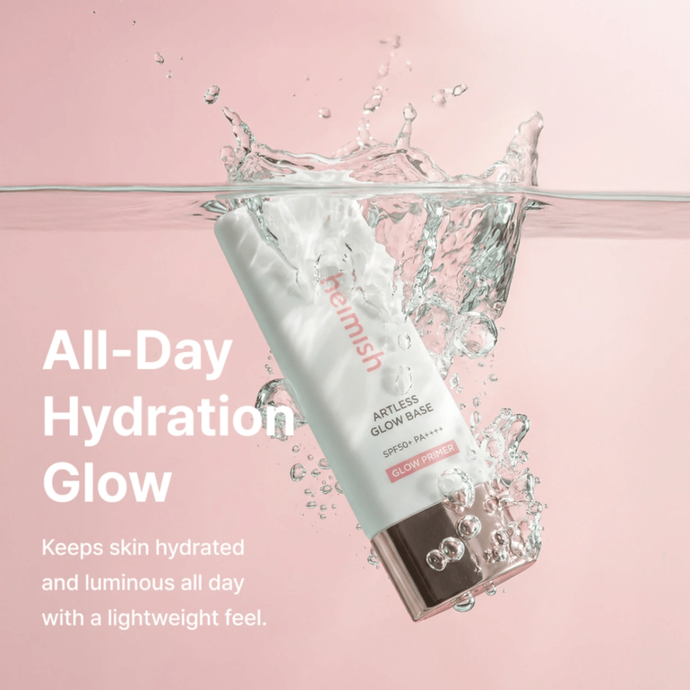 Heimish Artless Glow Base SPF50+ PA++++ – protector solar hidratante y glow primer con fórmula ligera para luminosidad durante todo el día.