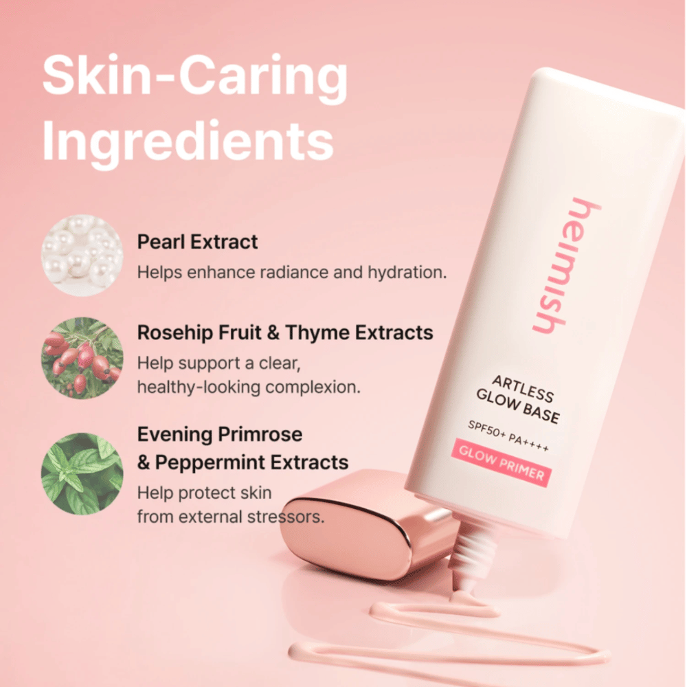 Heimish Artless Glow Base SPF50+ PA++++ con extracto de perla, rosa mosqueta, tomillo, onagra y menta piperita para hidratación y luminosidad.
