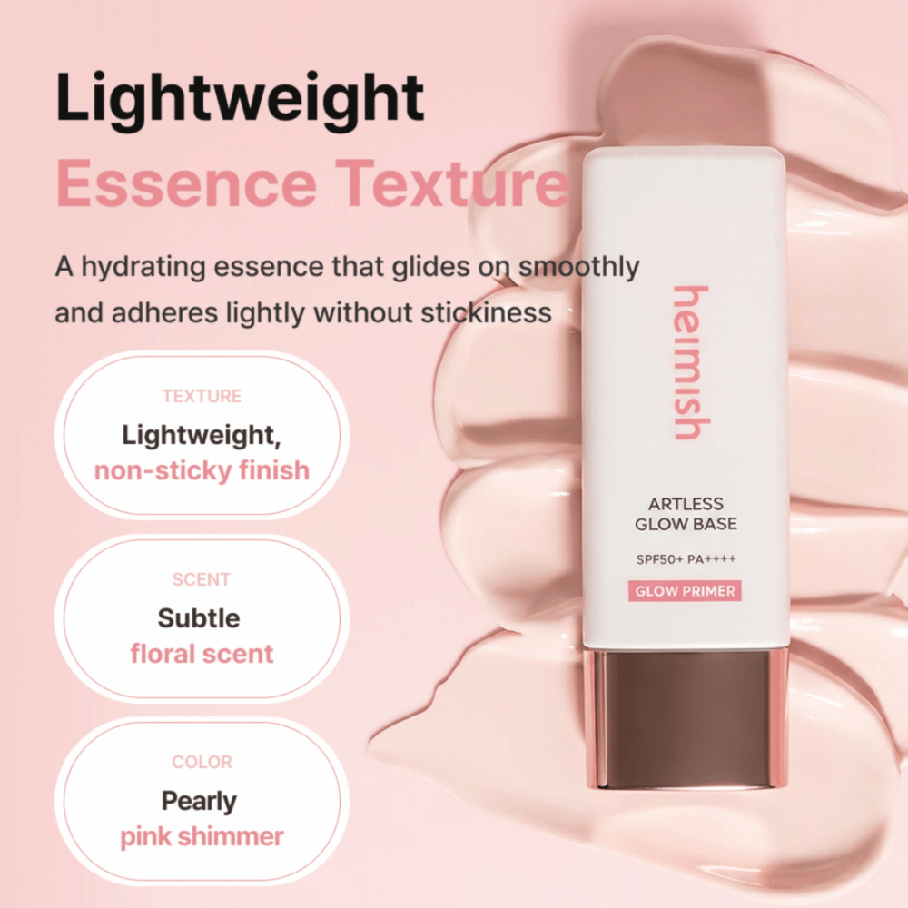 Heimish Artless Glow Base SPF50+ PA++++ – glow primer ligero e hidratante con acabado rosa nacarado sin sensación pegajosa.