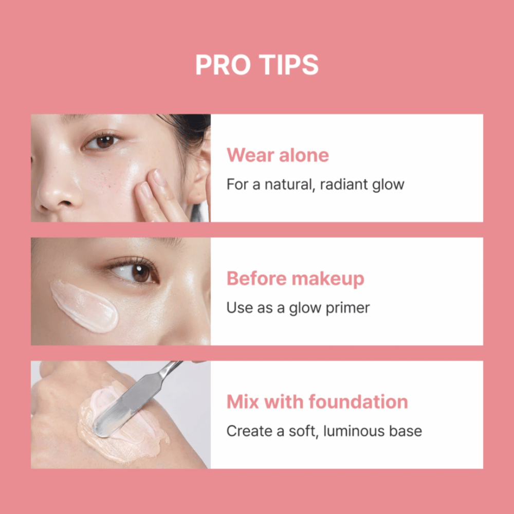 Heimish Artless Glow Base – tres formas de usar glow primer: solo, antes del maquillaje o mezclado con foundation para una luminosidad extra.