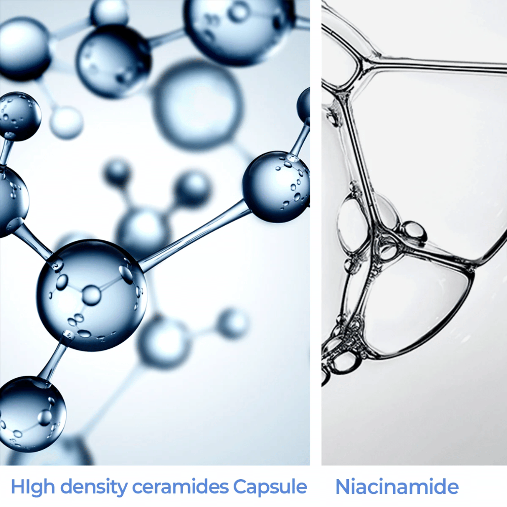 Primer plano de cápsulas de ceramida de alta densidad y niacinamida – ingredientes clave en AESTURA Atobarrier 365 Lotion.