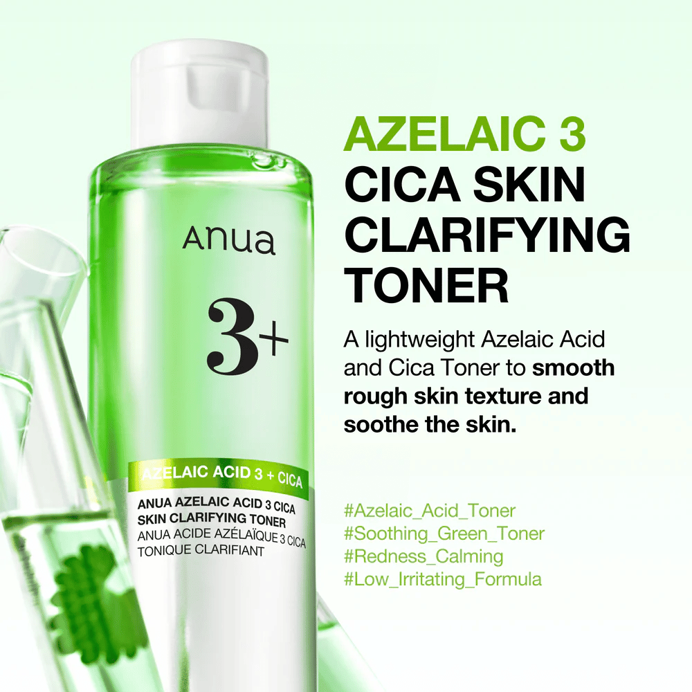 Anua Azelaic Acid 3 Cica Skin Clarifying Toner con 3 % de ácido azelaico y centella asiática que exfolia suavemente, calma la piel y mejora la claridad de la piel.