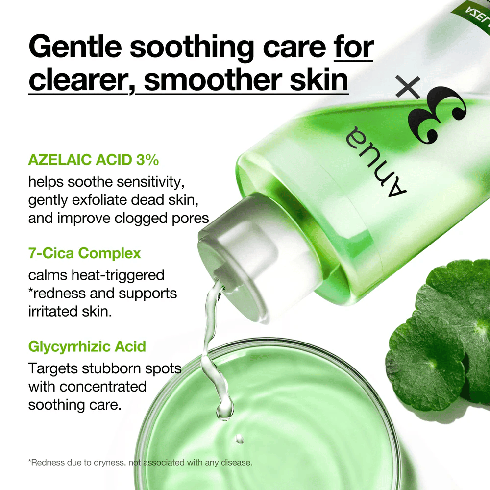 Anua Azelaic Acid 3 Cica Skin Clarifying Toner con 3 % de ácido azelaico, complejo 7-Cica y ácido glicirricínico que calman la piel sensible y reducen el enrojecimiento.