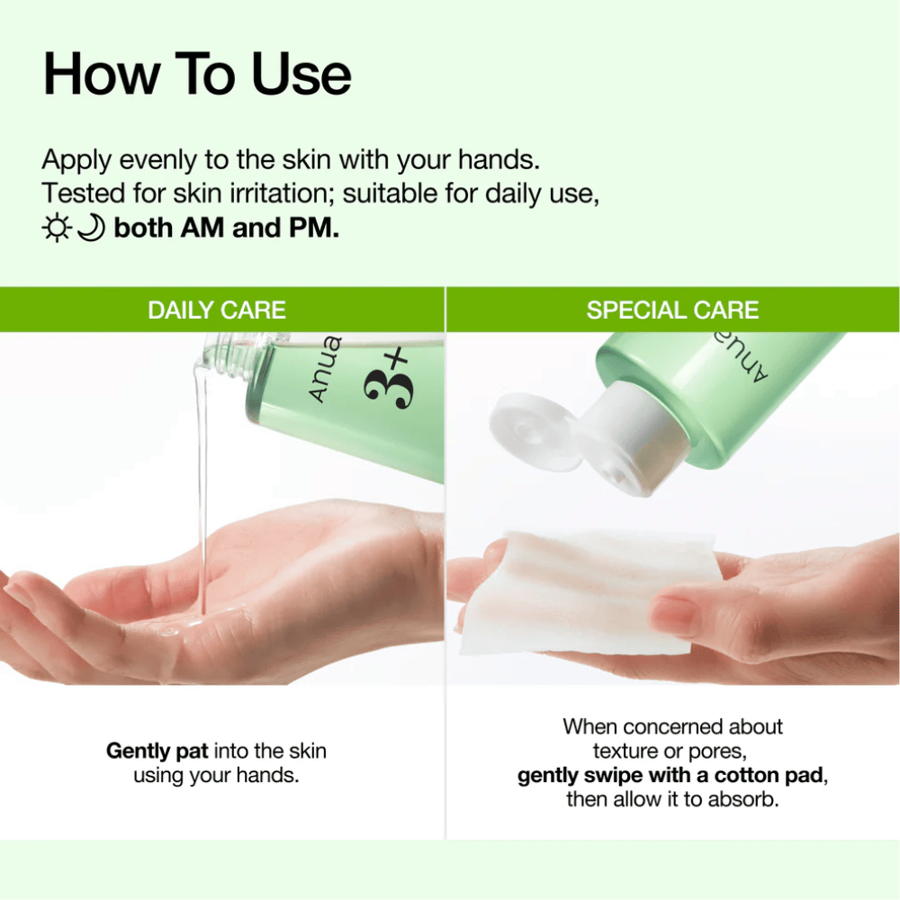 Anua Azelaic Acid 3 Cica Skin Clarifying Toner se aplica con las manos o con un algodón para calmar la piel y mejorar la textura de la piel.
