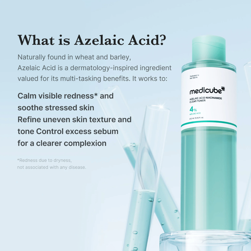 Medicube Azelaic Acid Niacinamide Clear Toner con 4% de ácido azelaico que ayuda a calmar el enrojecimiento, igualar el tono de la piel y controlar el exceso de sebo para una piel más clara.