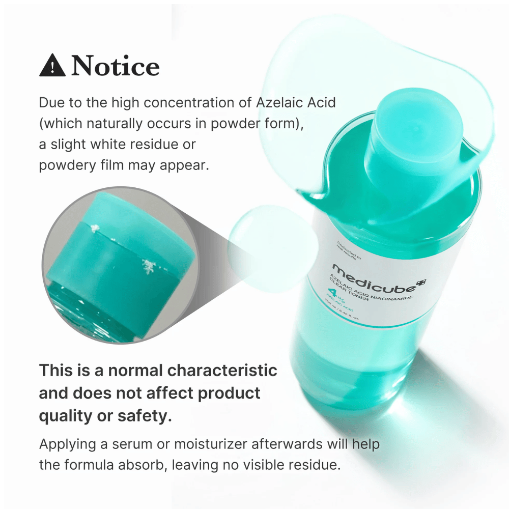 Medicube Azelaic Acid Niacinamide Clear Toner que muestra residuos cristalinos naturales del ácido azelaico y explica que esto es normal y no afecta la calidad ni la seguridad del producto.
