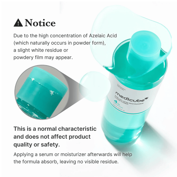 Medicube Azelaic Acid Niacinamide Clear Toner que muestra residuos cristalinos naturales del ácido azelaico y explica que esto es normal y no afecta la calidad ni la seguridad del producto.