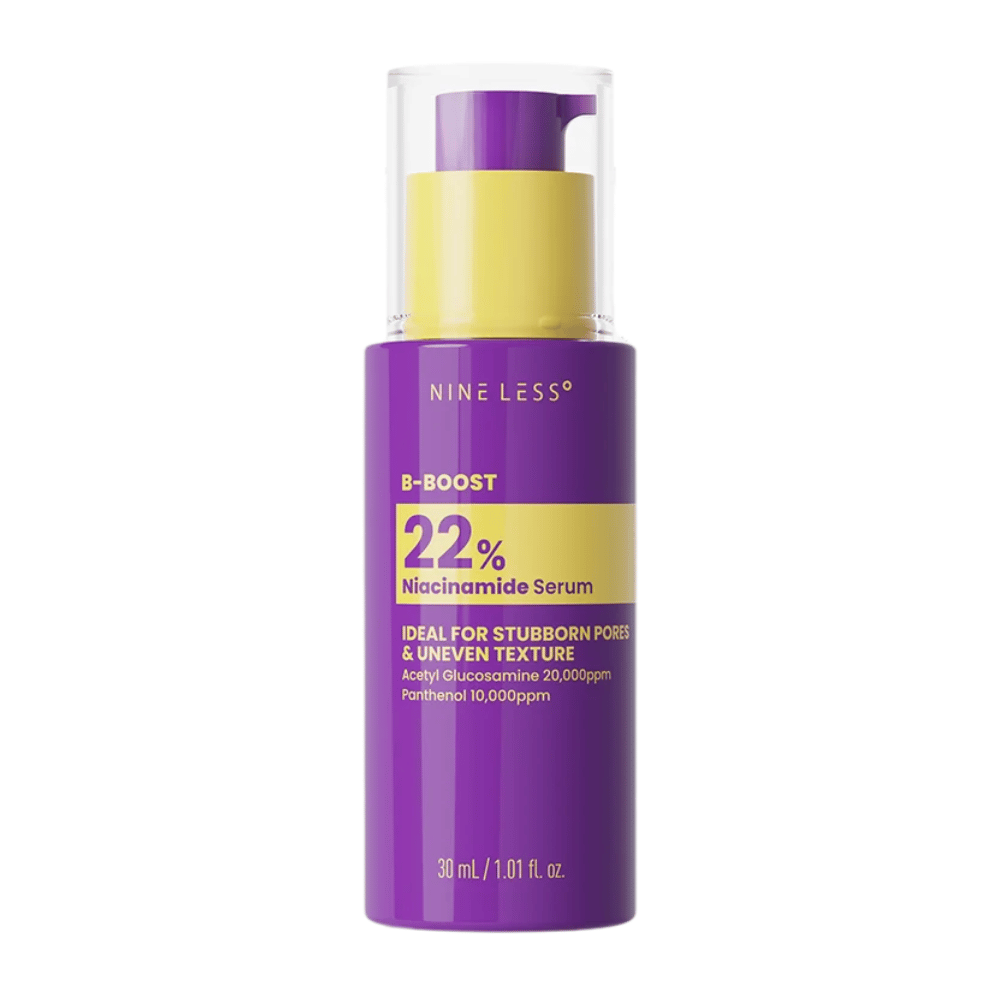 7. NINE LESS B-Boost 22% Niacinamide Serum 30 ml – frasco dosificador morado con 22% de niacinamida para una textura de la piel desigual
